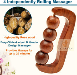 HATHKAAM Wooden Massager 7" Rosewood Unisex Handheld Roller for Full Body Pain Relief, Back, Neck & Shoulder, Cellulite Pain Acupressure, Fascia Lymphatic Drainage 4 Wheel Massage Therapy Equipment