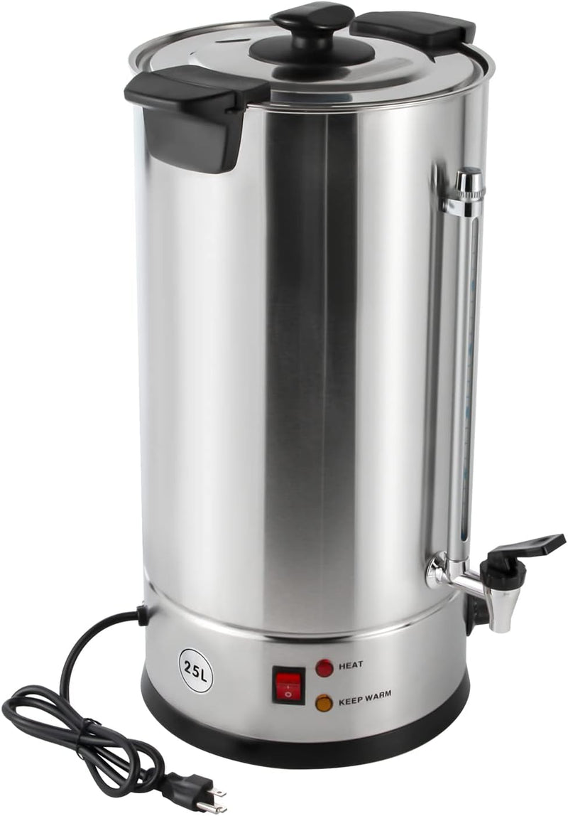 Hot Water Dispenser, 25L/6.6 gal Commercial Stainless Steel Electric Hot Water Boiler With Double-layer Barrel Wall, Portable Thermostable Tea Urn Coffee Boiler With Practical Faucet For Hot Drinks