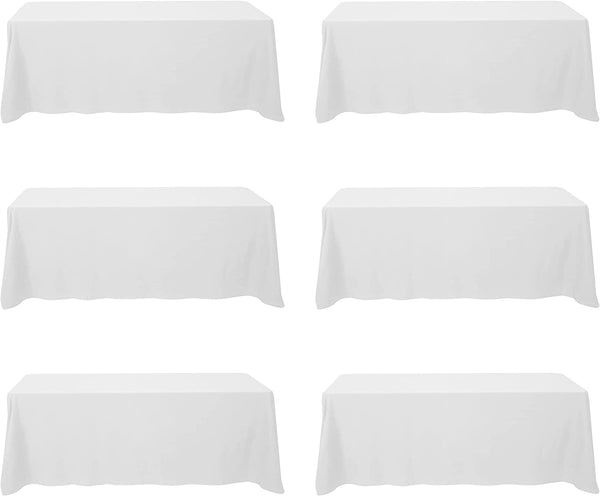 6 Pack White Rectangle Tablecloths - 90x156 Inch Polyester Washable for 8Ft Rectangular Tables at Weddings Banquets Parties Buffets Restaurants