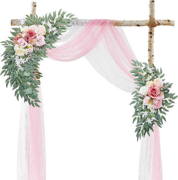 Large Wedding Arch Flowers - Pink and White Artificial Swag for Wedding Decorations with Draped Fabric and Floral Detail