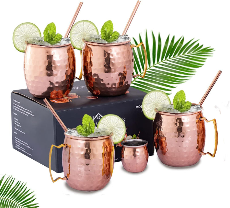 ARTISANS VILLAGE Moscow Mule Cups Set of 4-18/8 Stainless Steel with Pure Copper Plating- 16 Oz Handcrafted Food Safe Copper Cups with Shot Glass and Straws - Perfect for Cold Drinks