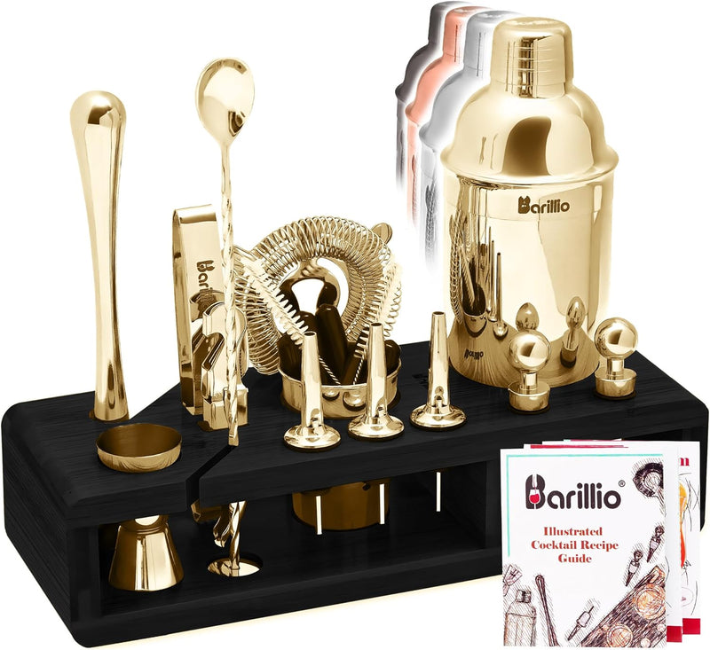 23-Piece Bartender Kit Cocktail Shaker Set by BARILLIO: Stainless Steel Bar Tools with Sleek Bamboo Stand, Velvet Carry Bag & Recipes Booklet… (Silver, Bamboo)