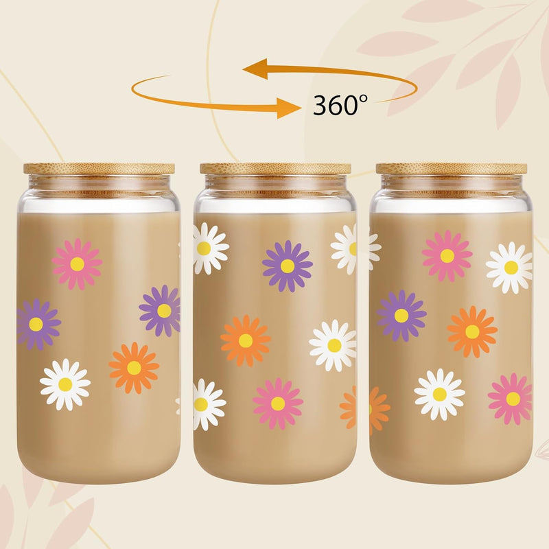 GSPY Daisy Aesthetic Cups, Iced Coffee Cup, Cute Glass Cups with Lids and Straws - Iced Coffee Glasses, Flower Mug Glass Cup, Glass Tumbler - Birthday, Christmas Gifts for Women, Coffee Lovers