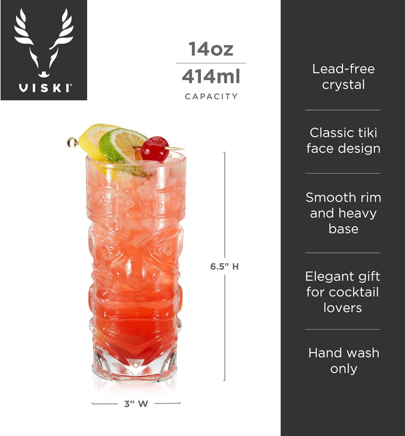 Viski Pacific Tropical Tiki Glasses Set of 2 - Premium Crystal Clear Glass Tumbler, Stylish Tiki Glassware Bar Accessories and Cocktail Glass Gift Set, 14 oz