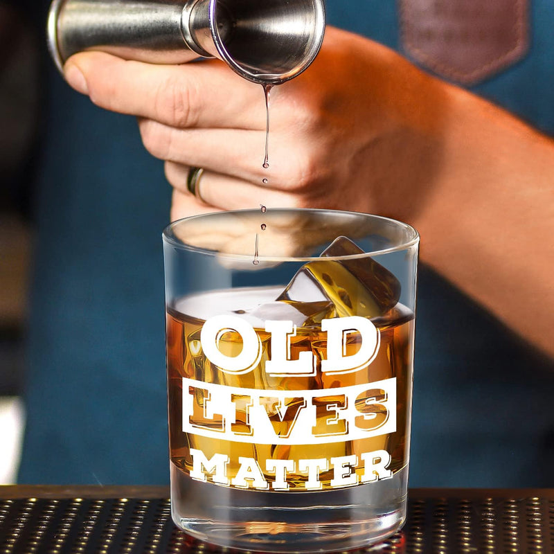 LIGHTEN LIFE Old Lives Matter Whiskey Glass 12 oz,Rock Glass in Valued Wooden Box,Funny Birthday or Retirement Gift for Grandpa,Dad,Old Man,Old Fashioned Whiskey Glass