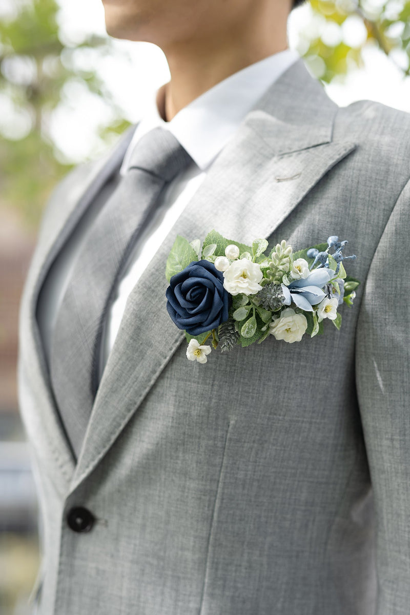 Dusty Blue  Navy Pocket Square Boutonniere for Groom