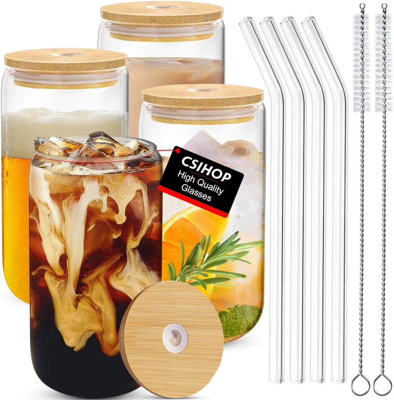 4pcs Set Drinking Glasses With Bamboo Lid And Glass Straw - 16oz Can Shaped Drinking Glass Set, Iced Coffee Mug, Cute Tumbler Cup, Whiskey, Water- Gift Best Choice - 2 Cleaning Brushes (2)