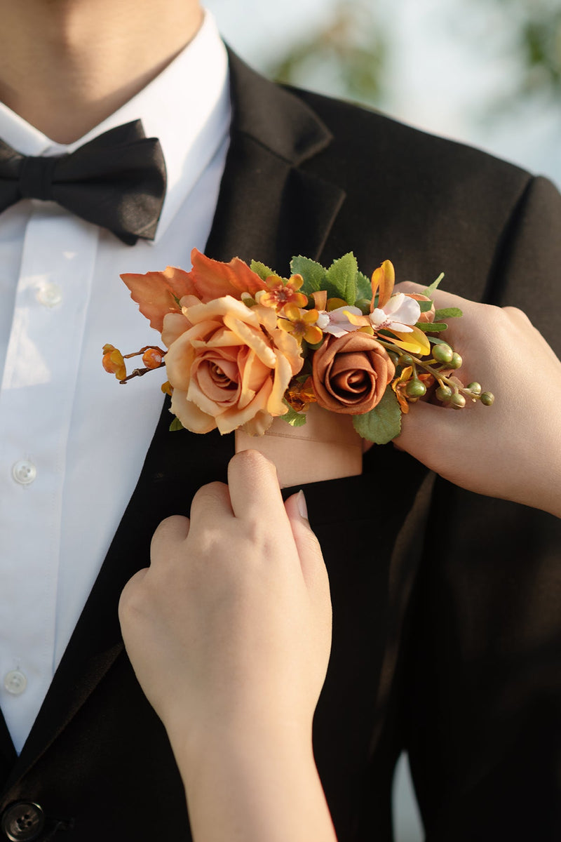 Grooms Sunset Terracotta Pocket Square Boutonniere