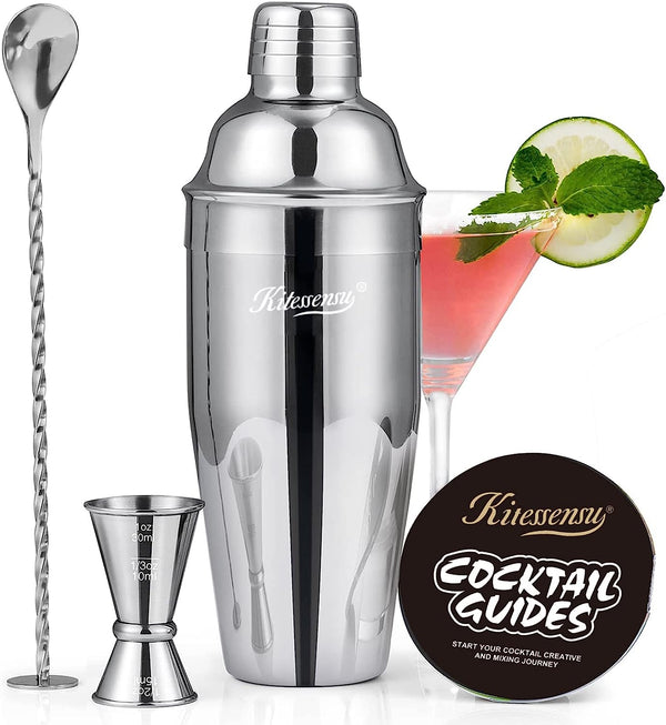 Cocktail Shaker, KITESSENSU 24oz Drink Shaker with Bartender Strainer, Measuring Jigger, Bar Mixing Spoon, Cocktail Recipe Guide, Professional Drink Mixer Set for Beginners, Silver