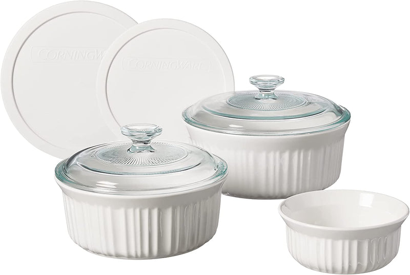 CorningWare French White 7-Pc Ceramic Bakeware Set with Lids, Chip and Crack Resistant Stoneware Baking Dish, Microwave, Dishwasher, Oven, Freezer and Fridge Safe