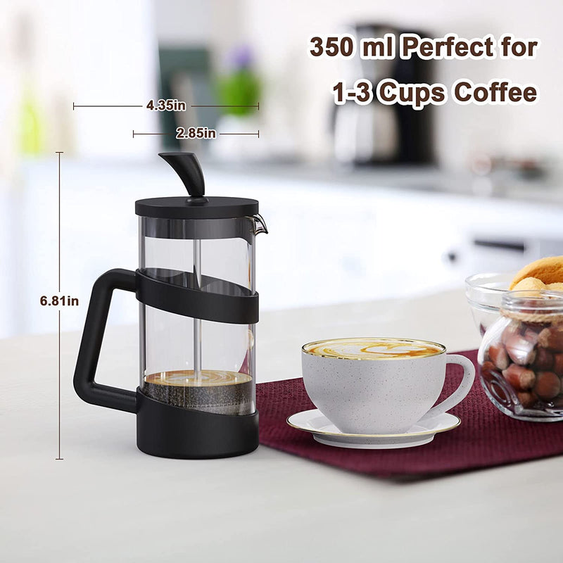 RAINBEAN Mini French Press Coffee Maker 12 oz, Heat Cold Coffee Brewer Camping Coffee Press Pot, Small French Press and Coffee Presses 350 ml, Tea and Frothed Milk Press (Black, 12 oz)