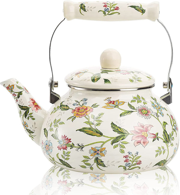 OLYTARU Enamel Teapot floral,Large Porcelain Enameled Teakettle,Colorful Water Tea Kettle pot for Stovetop,Small Retro Classic Design (style01 Growing)