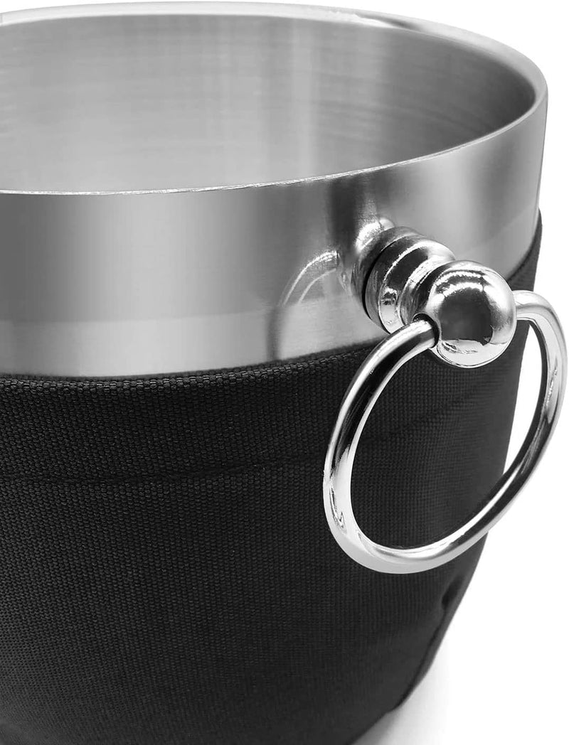 Fortune Candy Insulated Ice Bucket - Double Walled Stainless Steel Ice Bucket with Ice Tongs, Scoop, Lid, and Exclusive Handmade Nylon Holder - 2.8 L (Black)