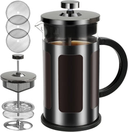 FAVIA French Press Coffee Maker 12 Ounce Stainless Steel with Borosilicate Glass Heat Resistant 4 Level Filtration System for Brew Coffee & Tea Dishwasher Safe 350ml (12oz, Stainless Black)