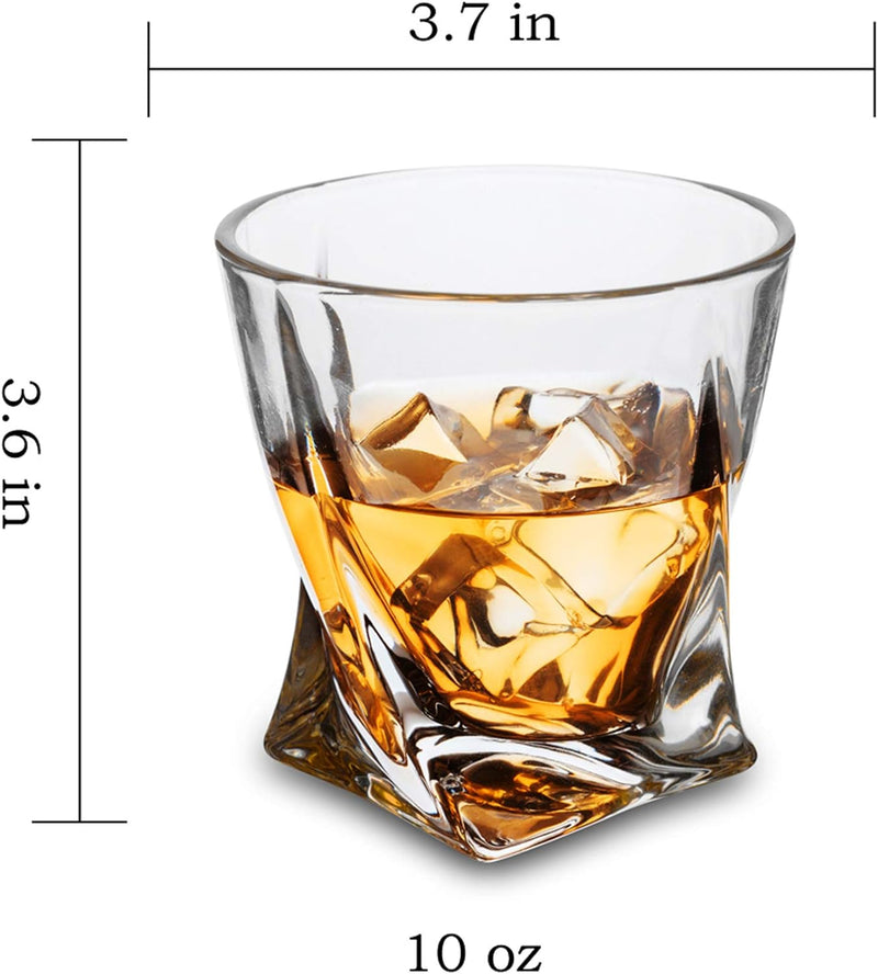 KANARS Whiskey Glasses Set of 4, 10 Oz Crystal Old Fashioned Cocktail Glass in Gift Box, Twisted Lowball Bourbon Tumbler for Scotch Whisky Cognac, Rock Barware for Men Gift