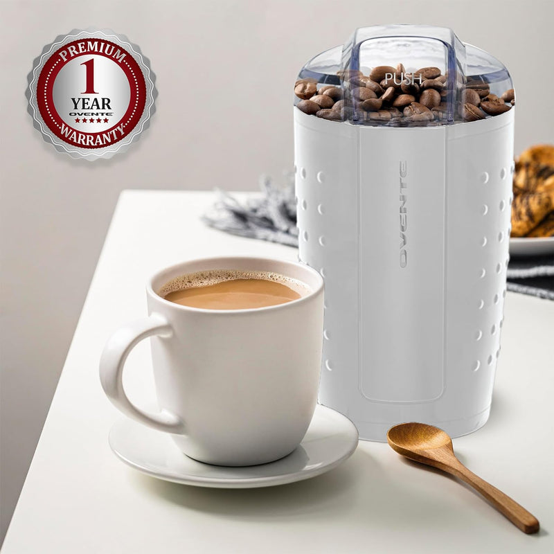 OVENTE Electric Coffee Grinder - Small Portable & Compact Grinding Mill with Stainless Blade for Bean Spices Herb and Tea, Perfect for Home & Kitchen - White CG225W