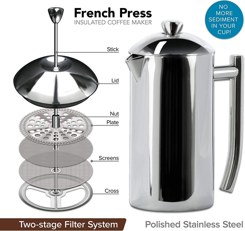 Frieling Double-Walled Stainless-Steel French Press Coffee Maker, Polished, 36 Ounces