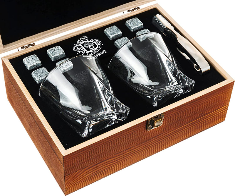 Whiskey Glass Set of 2 - Bourbon Stones Gift For Men Includes Crystal Whisky Rocks Glasses , Chilling Stones , Slate Coasters Scotch Glasses in Wooden Box Wisky Burbon Retirement Gifts