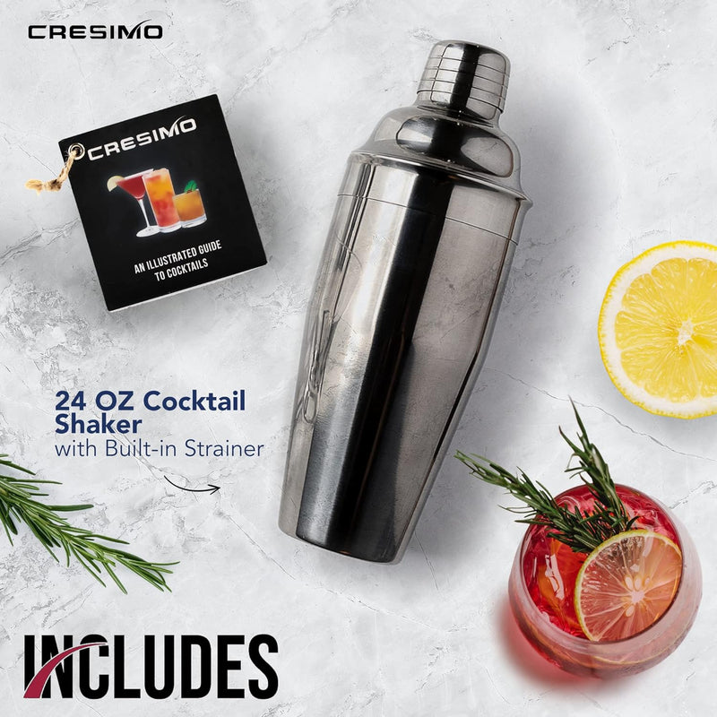 Cresimo 24 Ounce Cocktail Shaker Set Bartender Kit - Martini Shaker with Drink Recipes Booklet - Professional Stainless Steel Cocktail Mixer - Bar Shaker with Built-in Drink Shaker Strainer (1 pc Set)