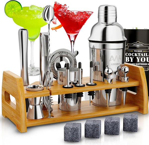 20-Piece Cocktail Mixology Shaker Set - Bartender Kit with Bamboo Stand - Bar Accessories Kit Including a Martini Shaker, Jigger, Recipe Book, Gift Set