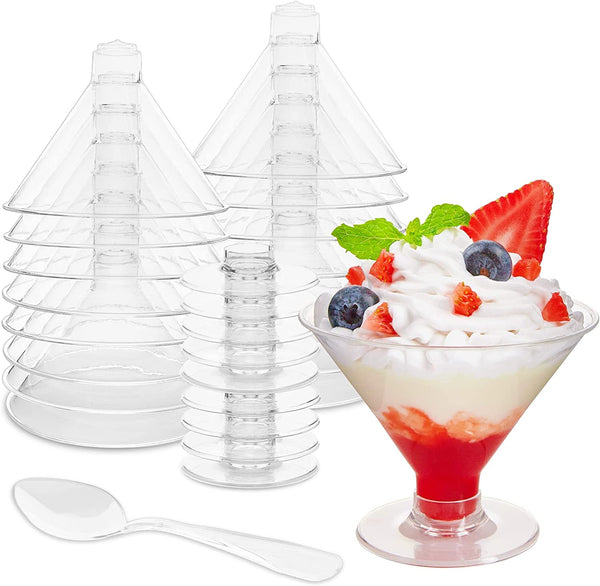 Zezzxu 40 Pack Plastic Martini Glasses - 5 oz Disposable Dessert Cups with Spoons Reusable Cocktail Glasses for Party Champagne, Parfait, Ice Cream, Pudding and Trifle