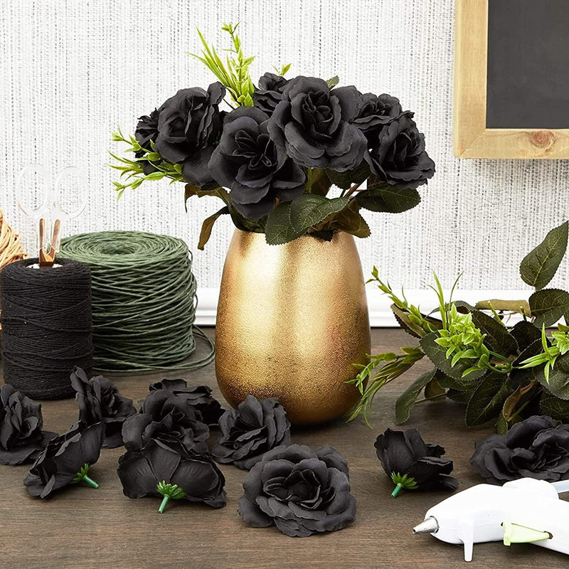 50 Pack Artificial Black Roses - 3 Inch Silk Flower Heads for Wedding Decorations Wall Art DIY Crafts