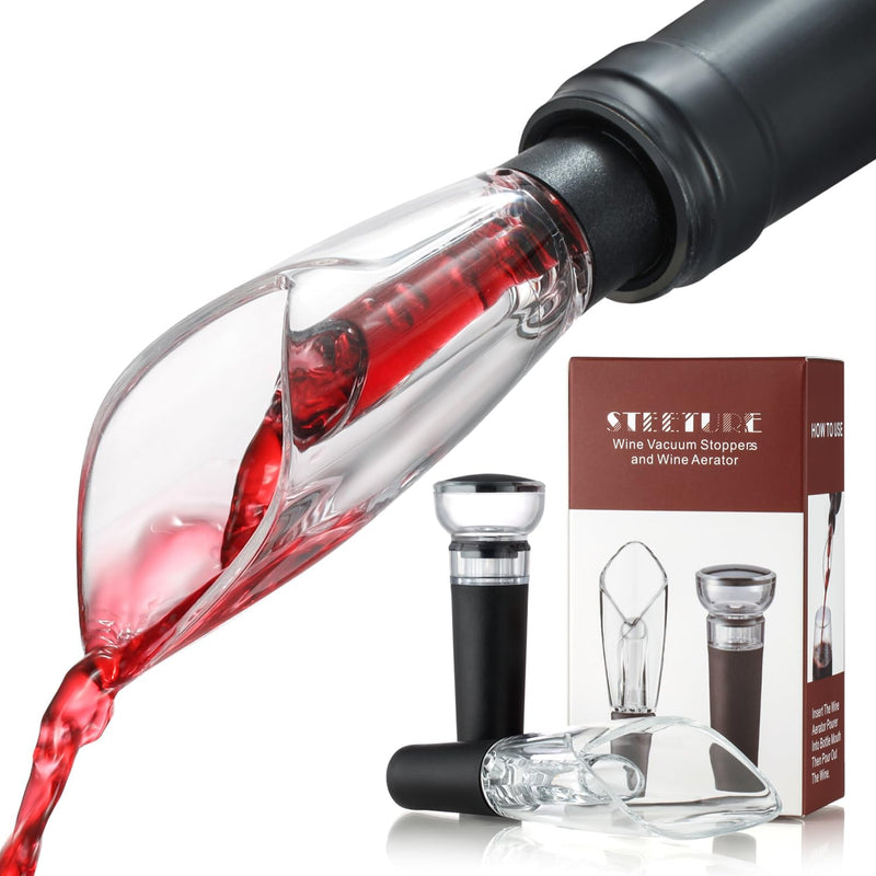 STEETURE Wine Aerator Pourer Spout and Wine Stopper Vacuum Pump, Wine Decanter with Aerator Improved Flavor Enhanced Bouquet Bubbles, Bottle Corks Saver Sealer No Drip No Spill