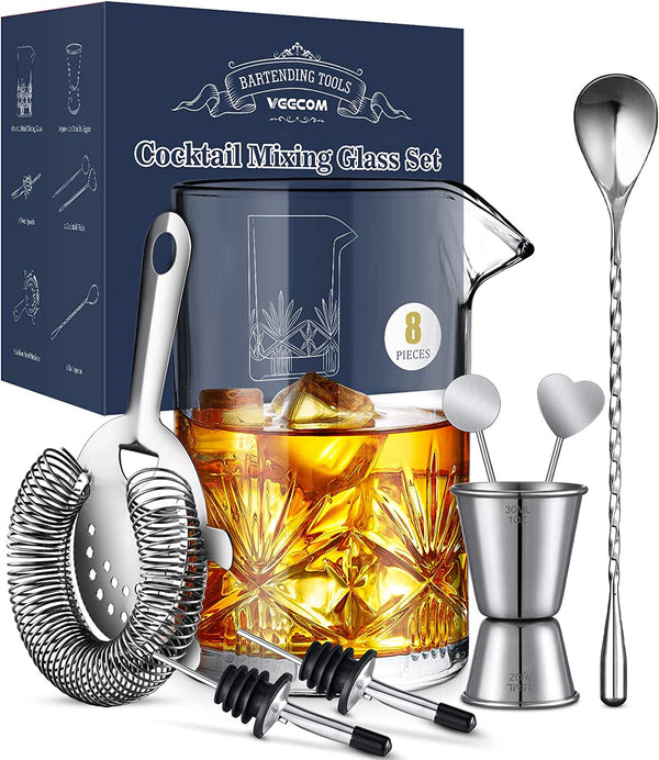 Cocktail Mixing Glass, veecom 18oz Crystal Mixing Glass Bartender Kit, 8 Piece Old Fashioned Cocktail Set with Strainer, Spoon, Jigger, Picks, Pourers, Bar Tools Cocktail Shaker Set (8 Pieces)