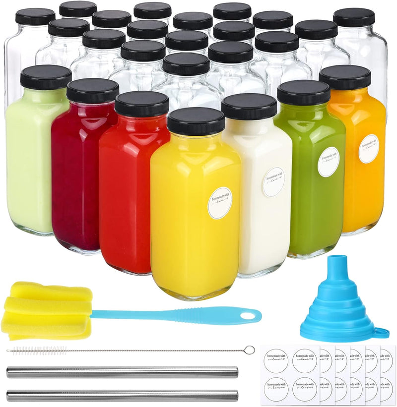 CUCUMI 10pcs 16oz Glass Juice Bottles with Lids, Reusable Juice Containers Drinking Jars Water Cups with Brush, Glass Straws, Lids with Hole