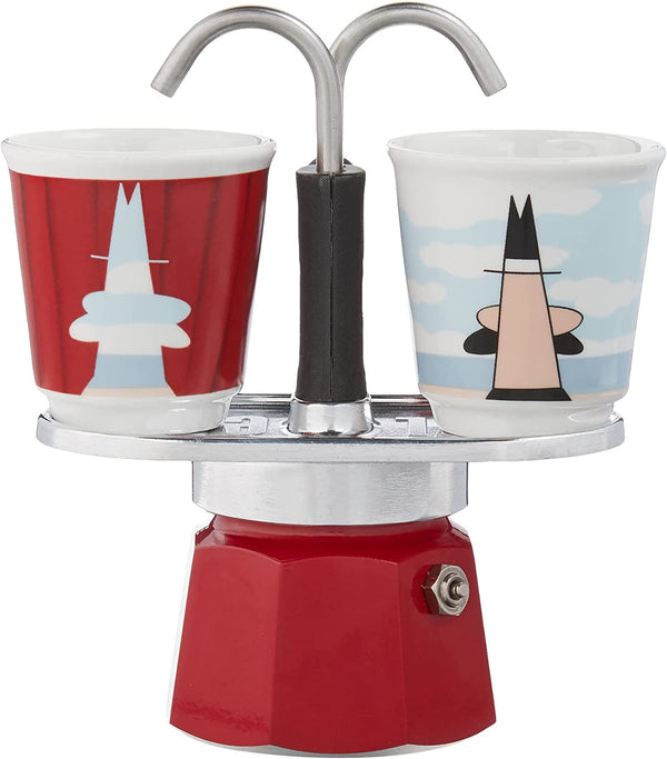 Bialetti - Mini Express Magritte: Moka Set includes Coffee Maker 2-Cup (2.8 Oz) + 2 shot glasses, Red, Aluminium