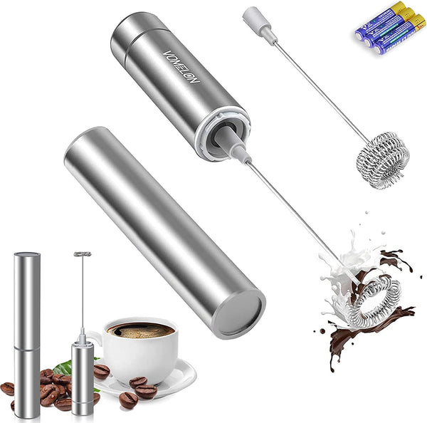 Milk Frother Handheld, Battery Operated Travel Coffee Frother Milk Foamer Drink Mixer with 2 Stainless Steel Whisks for Hot Chocolate, Batteries Included, Silver