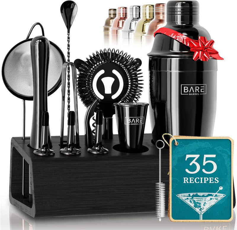 Pro Mixology Bartender Set Bar Kit | 14-Piece Boston Cocktail Shaker Set | Professional Barware Mixing Tools for Home Bartending | Bamboo Stand Recipe Cards | Gift Set for Him & Her (Silver Black)