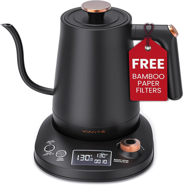 Vianté Electric Gooseneck Pour Over Kettle with Precise Temperature Control for Coffee & Tea. Rapid Boil, BPA-Free Stainless Steel. Includes Free paper Coffee Filters. 0.8L capacity