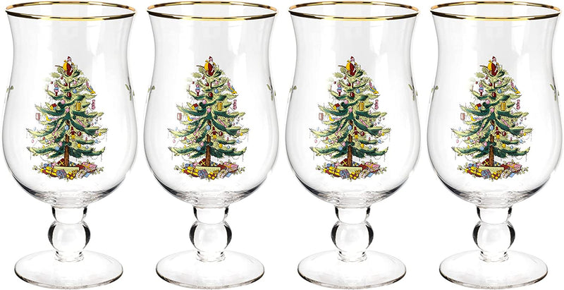 Spode Christmas Tree Glassware - Set of 4 -Made of Glass – Gold Rim- Classic Drinkware - Gift for Christmas, Holidays, or Wedding - Drinking Glasses (Highballs)