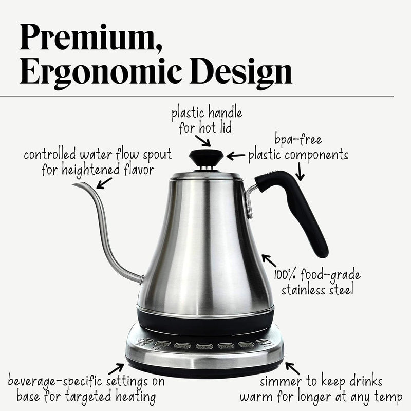 Gooseneck Electric Kettle with Temperature Control & Presets - 1L, Stainless Steel - Tea & Pour Over Coffee Kettle