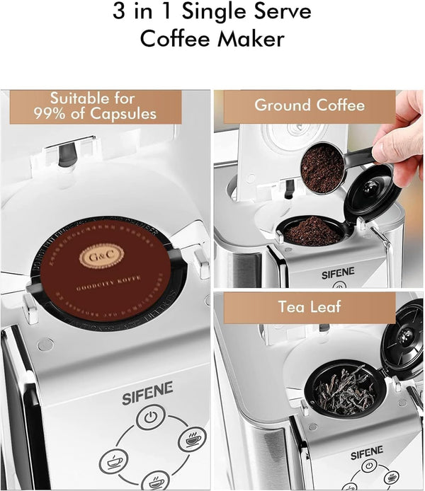 SIFENE Single Serve Coffee Machine, 3 in 1 Pod Coffee Maker For K-Cup Capsule, Ground Coffee Brewer, Leaf Tea Maker, 6 to 10 Ounce Cup, Removable 50 Oz Water Reservoir, White