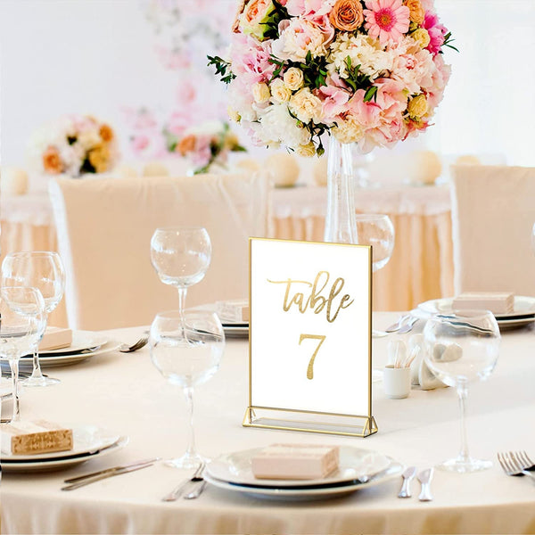 6Pack 5 X 7 Clear Acrylic Wedding Table Number Holder Stands with Gold Borders, Double Sided Gold Picture Frames Sign Holder for Restaurant Table Menu Recipe Cards Photo Display