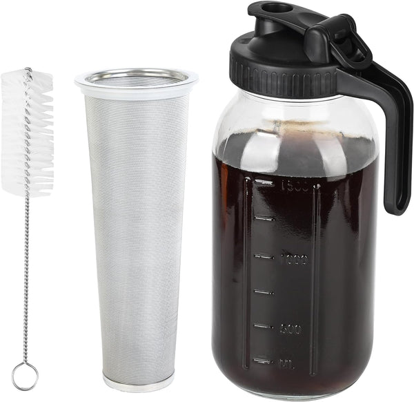 KMIGRUAN Cold Brew Coffee Maker-64oz (2 Quart) Durable Glass Mason Jar Cold Brew Pitcher, Flip Cap Lid with Handle,Stainless Steel Super Dense Filter for Iced Brew Coffee, Iced Tea, Sun Tea