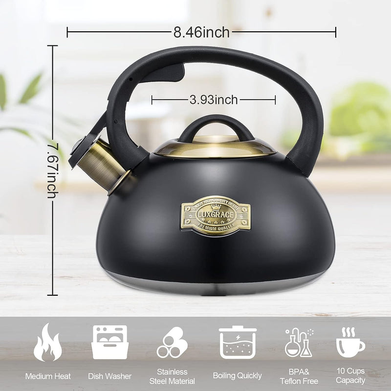 Whistling Tea Kettle Stainless Steel Teapot, Teakettle for Stovetop Induction Stove Top, Fast Boiling Heat Water Tea Pot 2.5 Quart(Black-BL)