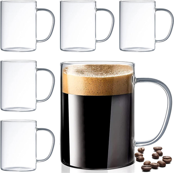 Set of 6 Ultra Durable Sleek Glass Coffee Mugs with Handle, Clear Borosilicate Glass Teacups, Coffee Cups for Cappuccino, Latte, Tea, Espresso, Hot Beverage, Dishwasher & Microwave Safe Glass Mugs