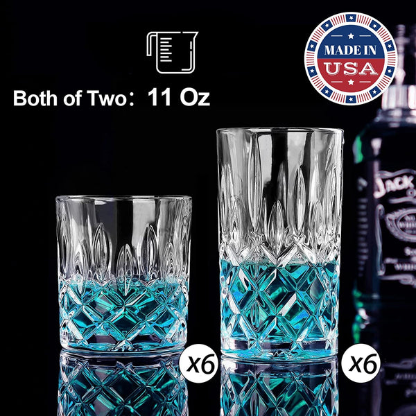 Claplante Drinking Glasses, 12 Piece Crystal Glass Cups, Mixed Glassware Set, 6 pcs Crystal Old Fashioned 11oz Highballs and 6 pcs 11oz Whiskey Glasses, Great for Cocktail, Whisky and other Beverages