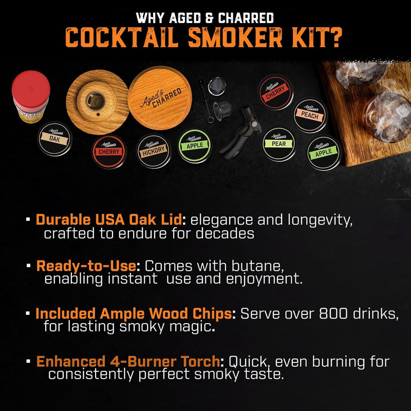 Cocktail Smoker Kit with Torch - High-End Set, USA Oak, Fine Wood Chips - Old Fashioned Cocktail Kit for Whiskey - Bourbon Gifts for Men - Gift from Wife, Daughter, Son (with Butane)