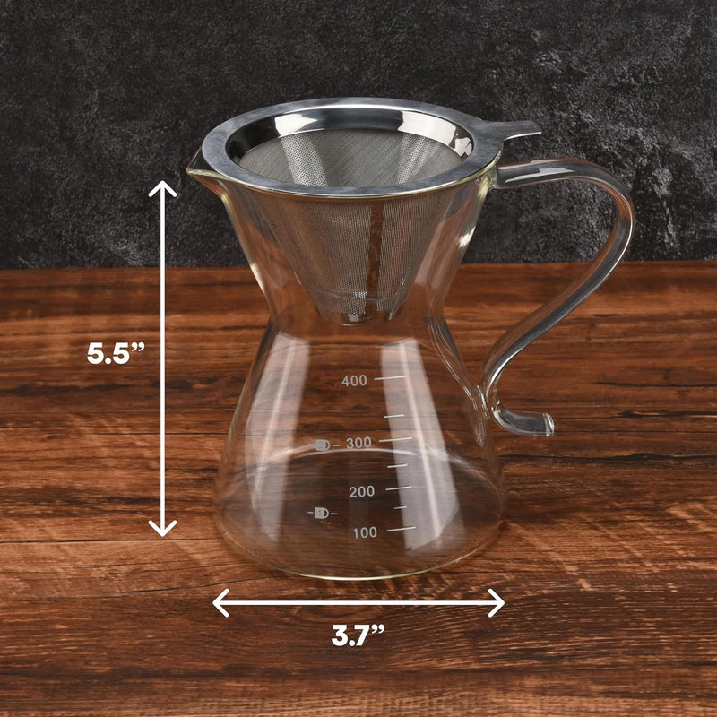 Outlery Transparent Glass and Silver Pour Over Coffee Maker Set - Instant Coffee Pot Brewer - Precise Gooseneck Spout Portable Coffee Maker for Home, Cafe, Office - 400ml Coffee Glass Dripper Kettle