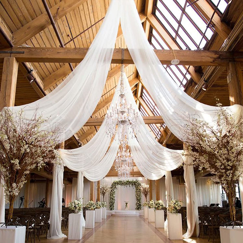 max length 255 Office Party Ceiling Drapes with White Chiffon Fabric - Set of 6 - 5Ft x 10Ft Panels for Wedding Arch Decoration Reception Tent Canopy Events