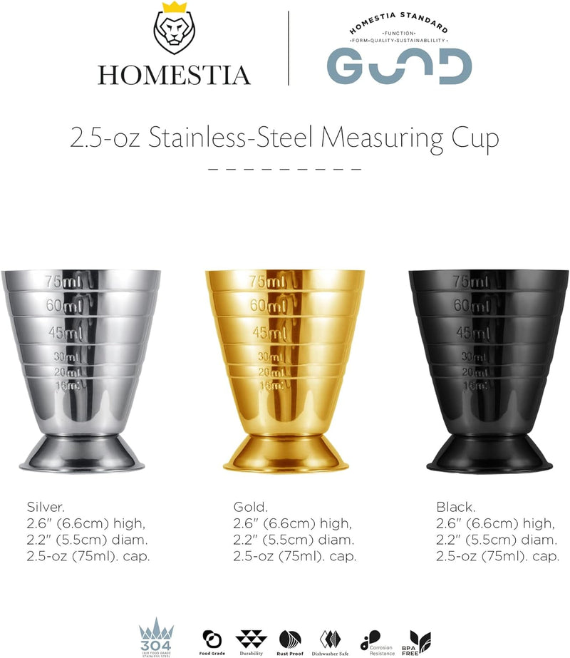 Homestia Measuring Cup Cocktail Jigger Stainless Steel Jigger for Liquid or Dry Mini Espresso Shot Glass Up to 2.5oz, 5Tbsp, 75ml, Silver