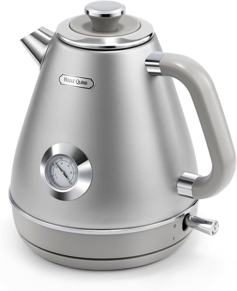 Hazel Quinn X Eduardo Recife Collaboration Electric Retro Tea Kettle with Thermometer - 1.7 Litres / 57.5 Ounces, All Stainless Steel, Fast Boiling 1200W, Cordless, BPA-free, Automatic Shut-Off