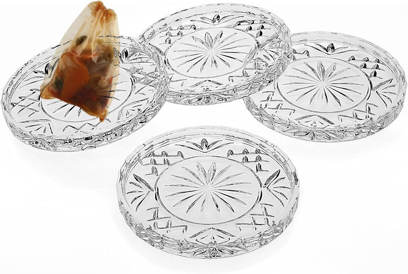 Amazing Crystal Tea Bag Coaster Set (4pc), Sleek Modern Glass Design. Prevents Furniture Damage, Absorbs Spills and Condensation from Drinks, and Sweaty Drinking Glasses.