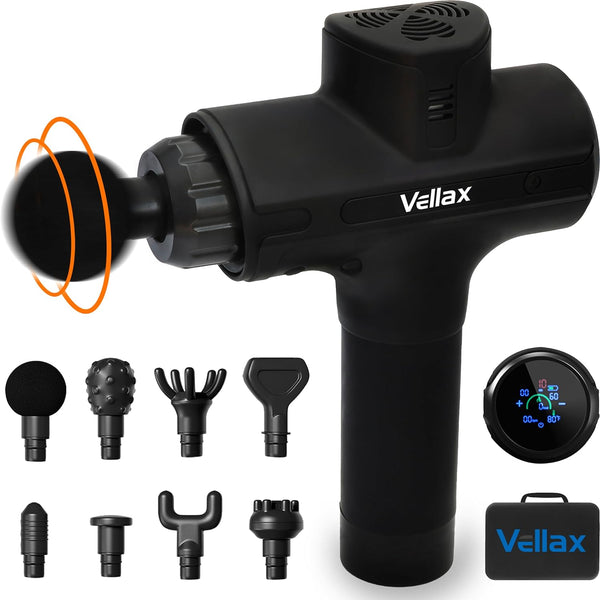 Vellax Massage Gun Deep Tissue, Muscle Massager - Powerful Percussion, Handheld, Re-charchable Battery 5200 Mah, Neck, Back & Full Body Relief, Portable - Matte Black