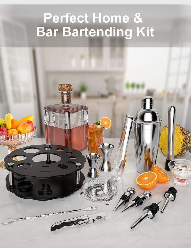 Bokhot Bartender Kit, 14 Piece Cocktail Shaker Set Stainless Steel Bar Tools with Rotating Stand, 25 oz Shaker Tins, Jigger, Spoon, Pourers, Muddler, Strainer, Tongs, Bottle Stoppers, Opener, Recipes