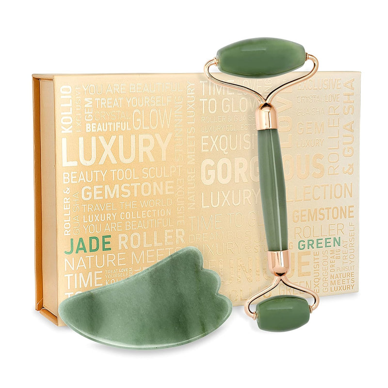 Jade Roller For Face, Neck, Puffy Eyes – Facial Massager Set with Stone Roller, Gua Sha Tool – Relaxing Anti-Aging Wrinkle-Fighting Face Massager Roller – 100% Natural Skin Care Jade Stone Roller Kit